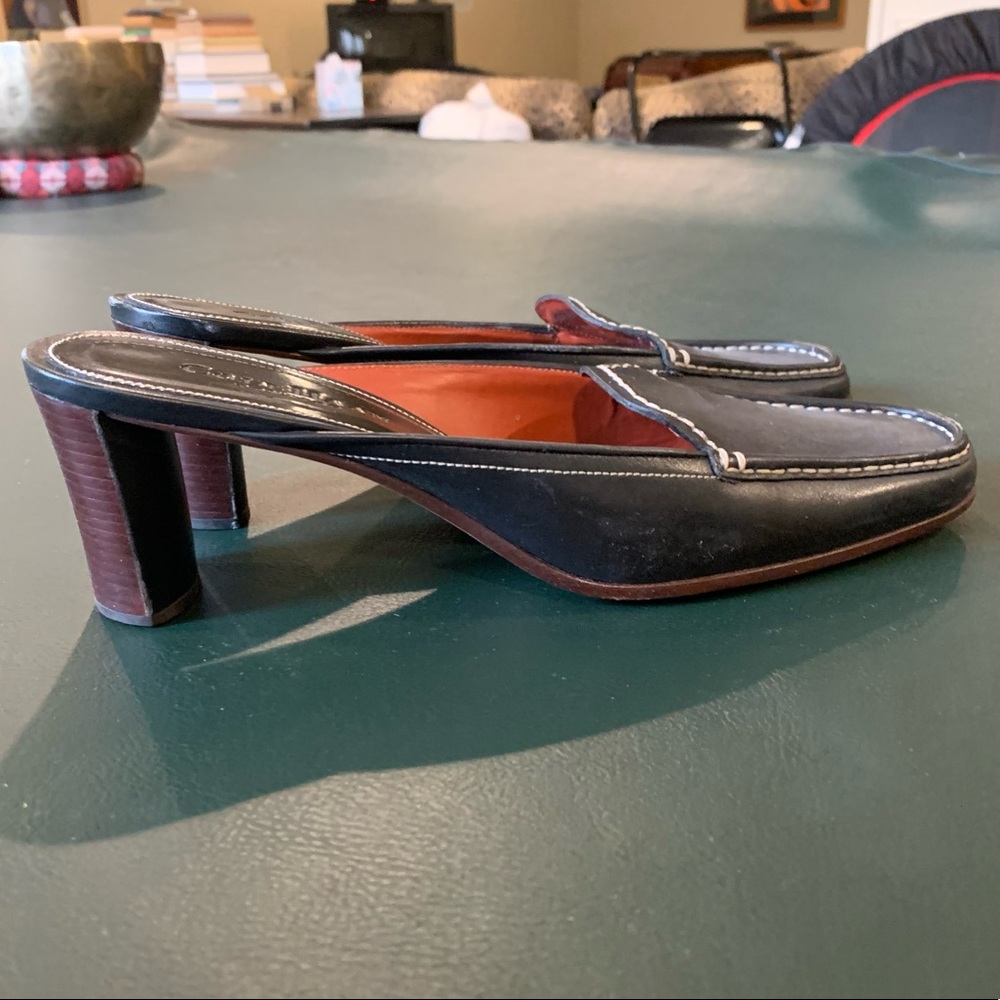 Cole Haan Square Toe Black Leather Loafer Mules w Wooden Stacked Low Heel Size 8 - Picture 13 of 16